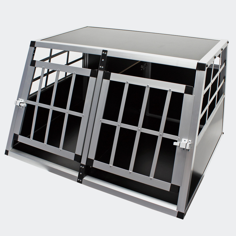 Mobile kleine Hundetransportbox, Doppeltürig, Aluminium und MDF