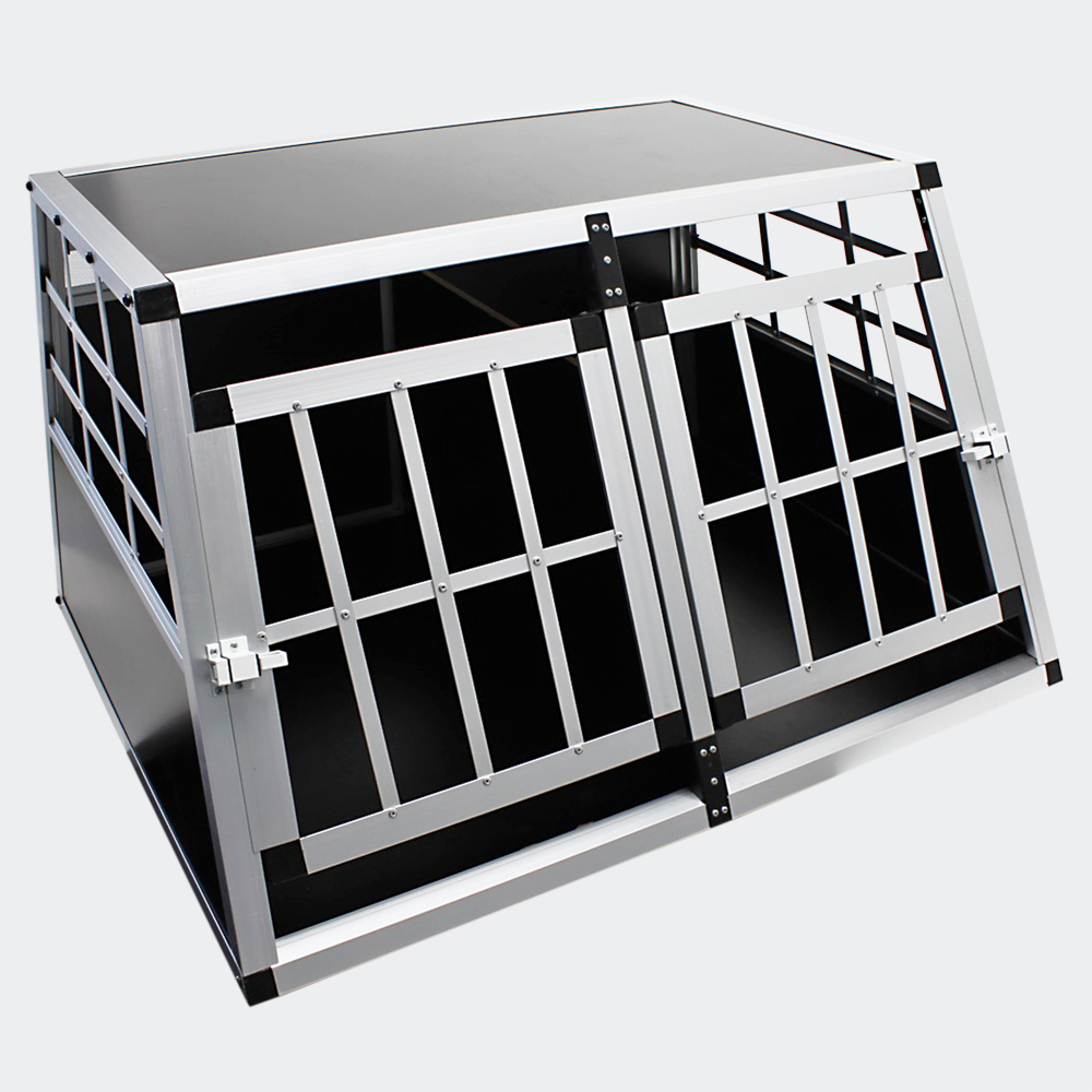 Mobile kleine Hundetransportbox, Doppeltürig, Aluminium und MDF