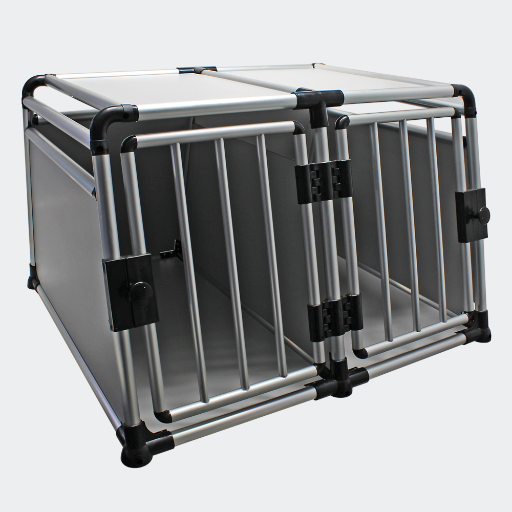 Mobile Hundebox doppeltürig mit separater Trennwand, Aluminium