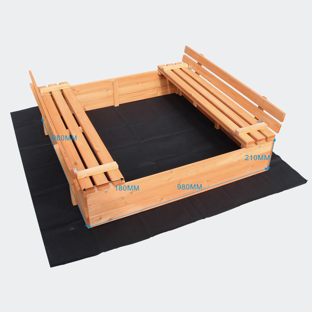 Sandkasten mit 2 Sitzbänken, 980x980x200mm, Fichtenholz, Vliesboden
