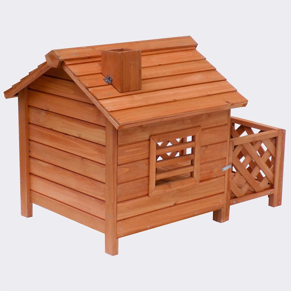 Hundehütte mit Veranda und Schornstein, aus Fichtenholz, 690x620x570mm