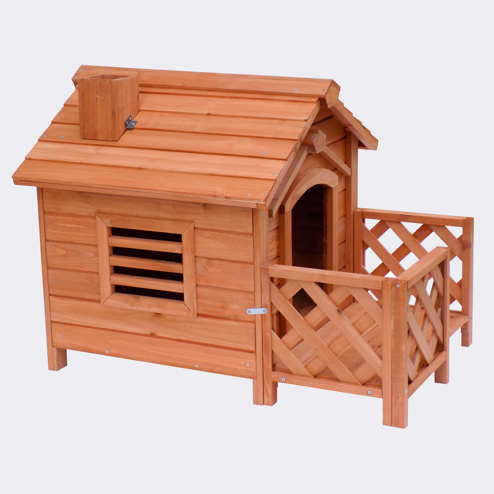 Hundehütte mit Veranda und Schornstein, aus Fichtenholz, 690x620x570mm