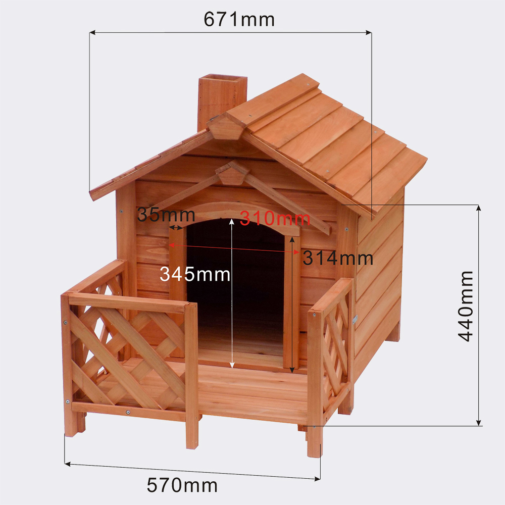 Hundehütte mit Veranda und Schornstein, aus Fichtenholz, 690x620x570mm