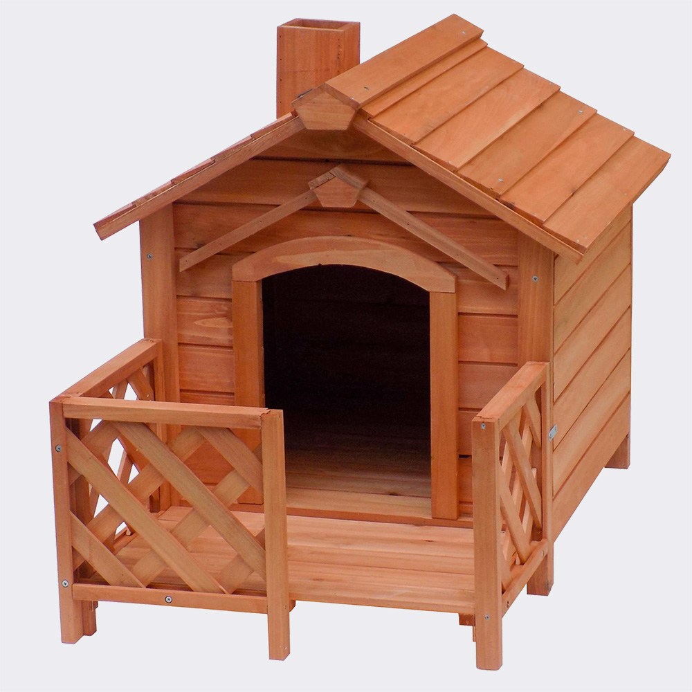 Hundehütte mit Veranda und Schornstein, aus Fichtenholz, 690x620x570mm