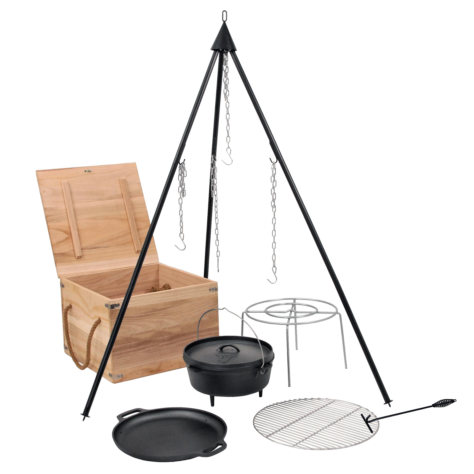Details About Dutch Oven Cast Iron Set Wooden Box Grate Tripod Plancha Pot Stand Cooking Bbq