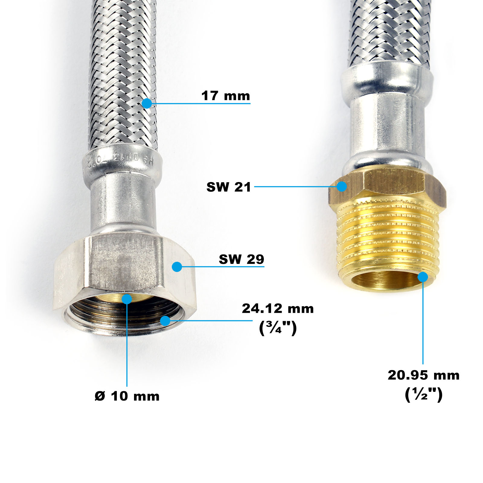 Tubo Corazzato 3/4" AG X 3/4" Con Arco, Tubo Flessibile DN19 Con Intreccio In Acciaio Inox, Lunghezza 70 Cm, Made In Germany - Foto 10